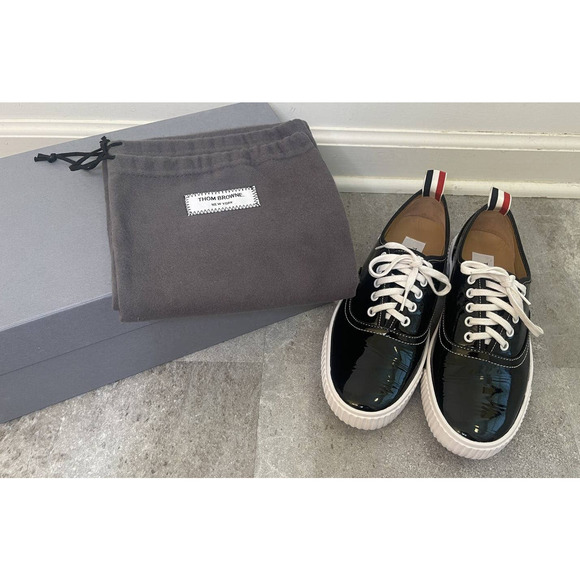 Women's Thom Browne Soft Patent Leather Heritage Black Sneaker Size 11 - Picture 1 of 16